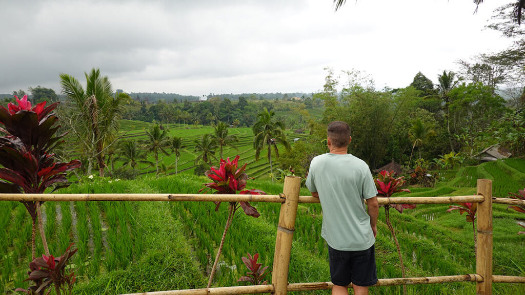 Viajero contemplando los arrozales y paisajes verdes de Bali.