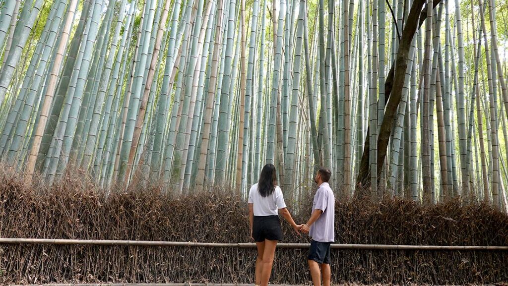 Noelia y Joan paseando solos por un sendero en Arashiyama Park.