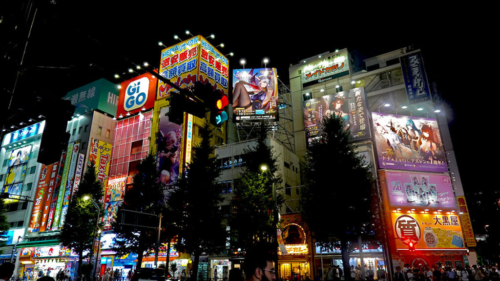 Edificios con carteles de anime y luces de neón de noche en Akihabara.
