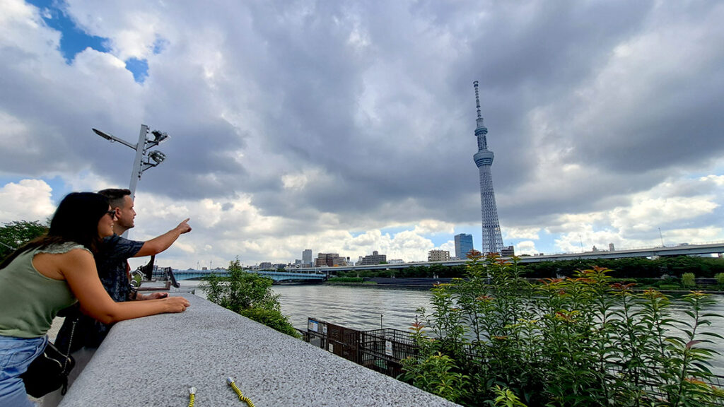 Parque Sumida con vistas al río, el skyline moderno y la torre Tokyo Skytree.