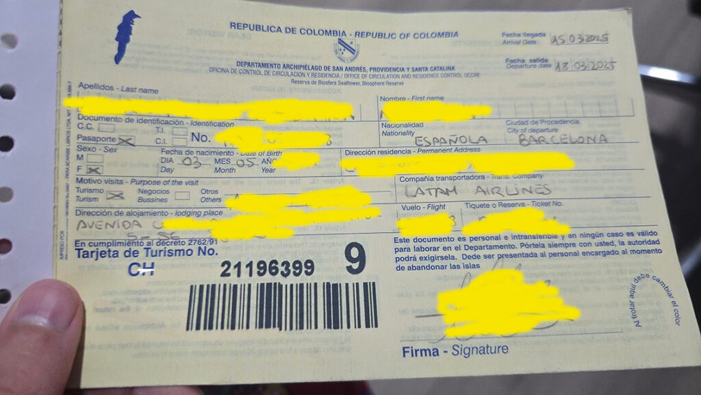 Tarjeta de turismo de San Andrés que debes rellenar