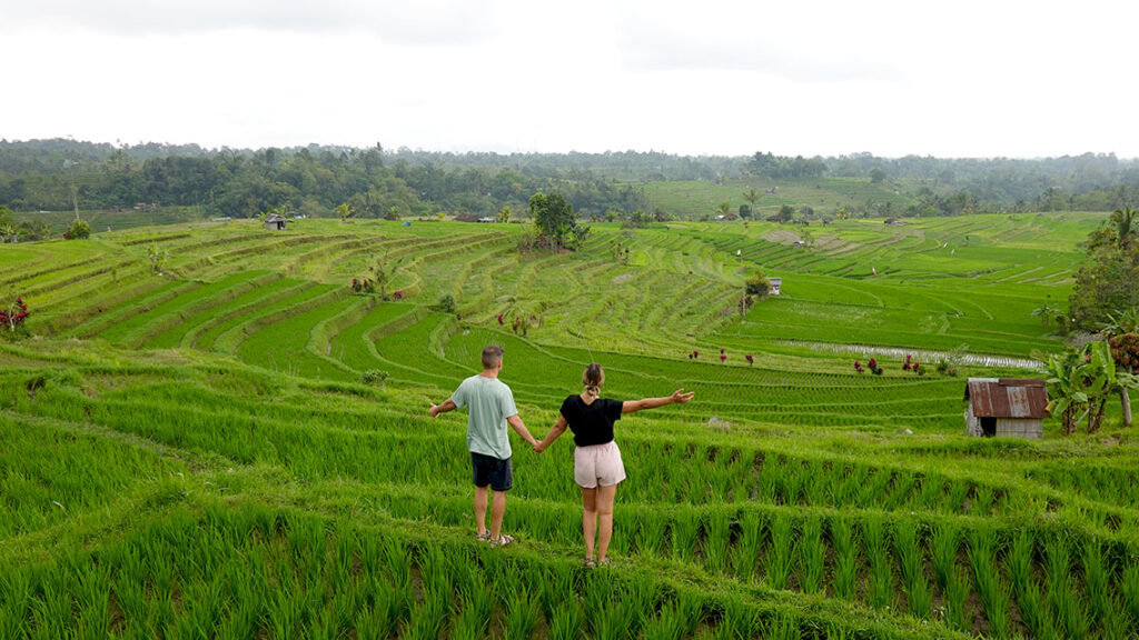 Noelia y Joan caminando por los inmensos arrozales de Jatiluwih en Bali.