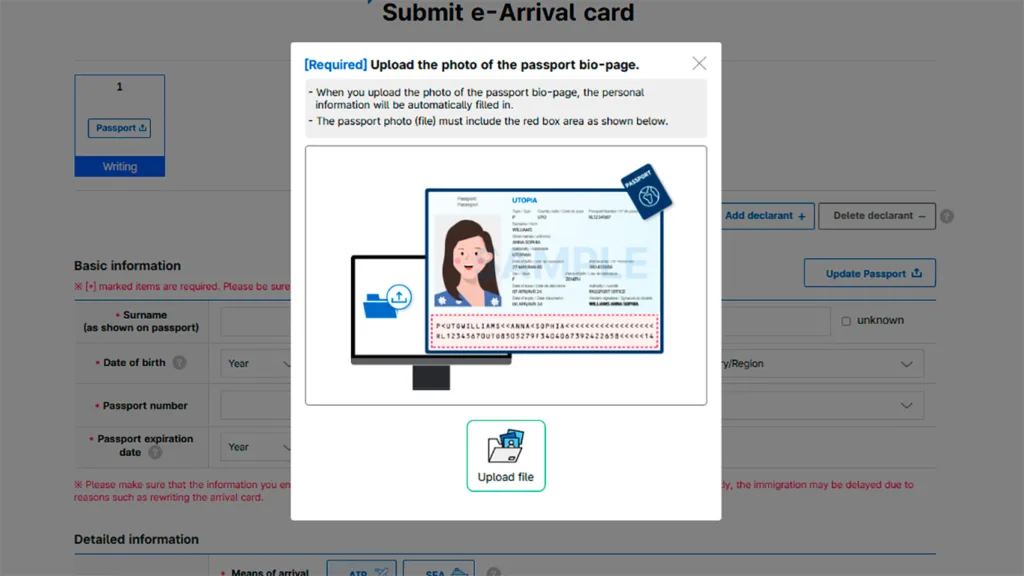 Ventana de aviso que debes adjuntar una foto del pasaporte