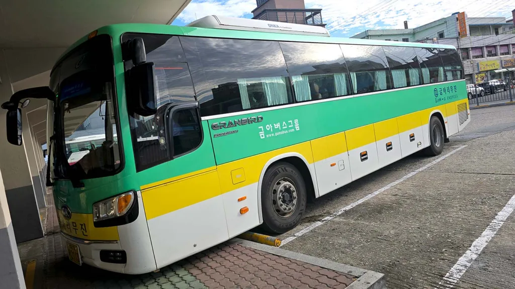 Autobús express verde y amarillo aparcado en una estación de buses