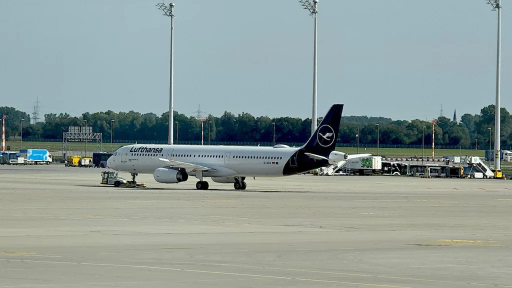 Avión de la compañía Lufthansa en el aeropuerto de Barcelona