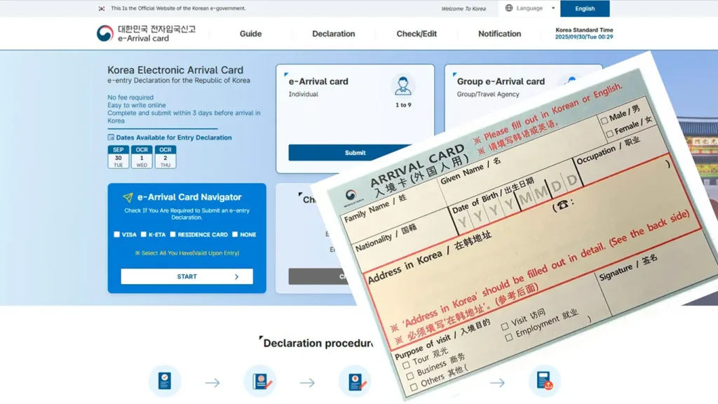 Fotografía de la tarjeta electrónica e-Arrival Card digital y física