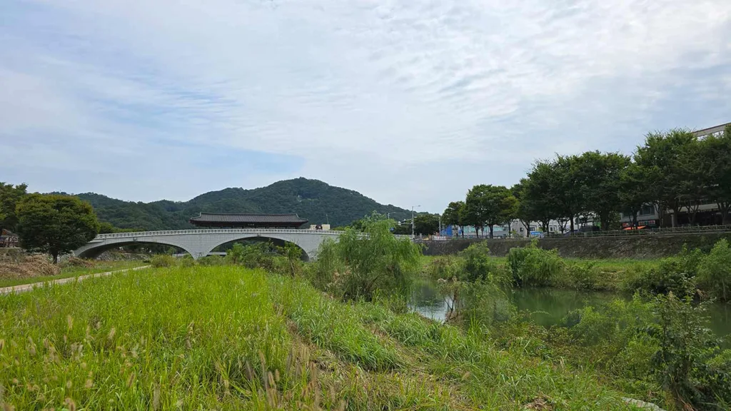 Camino alrededor del río y de fondo el Puente Cheonggyeollu