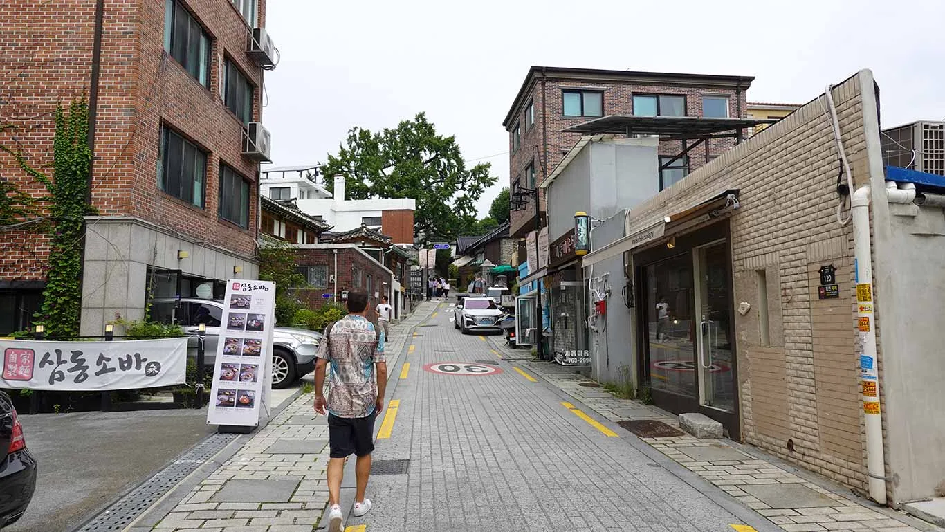 Joan paseando por la calle principal del barrio de casas tradicionales Bukchon Hanok Village