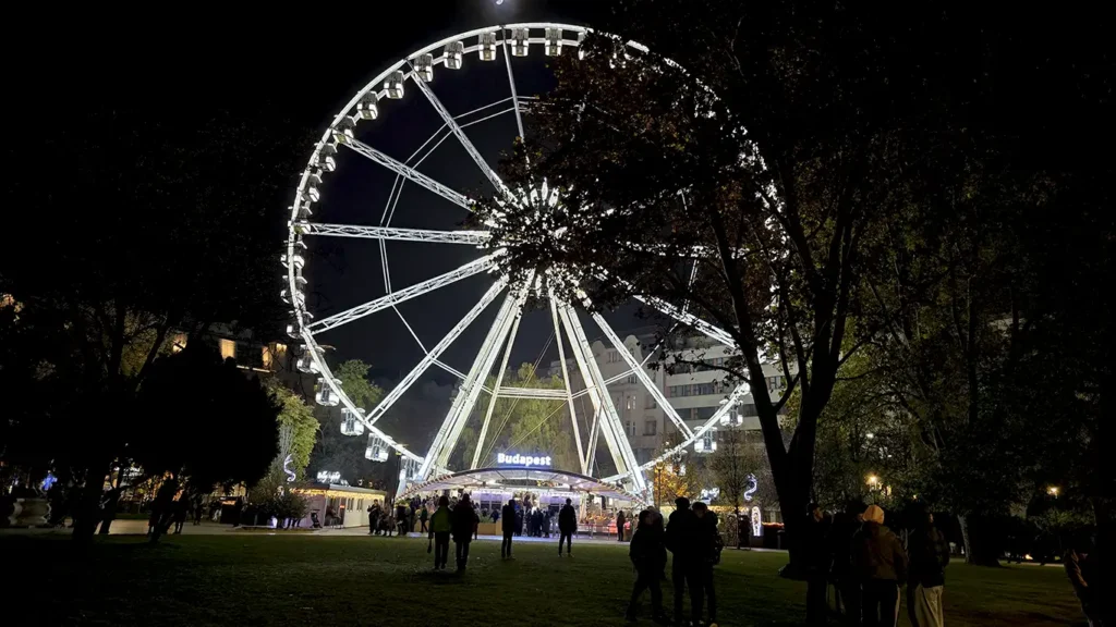 Noria iluminada por la noche