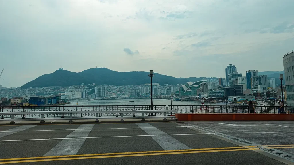 Vistas desde el puente de Puente Yeongdodaegyo, y se ven unas gaviotas en la carretera