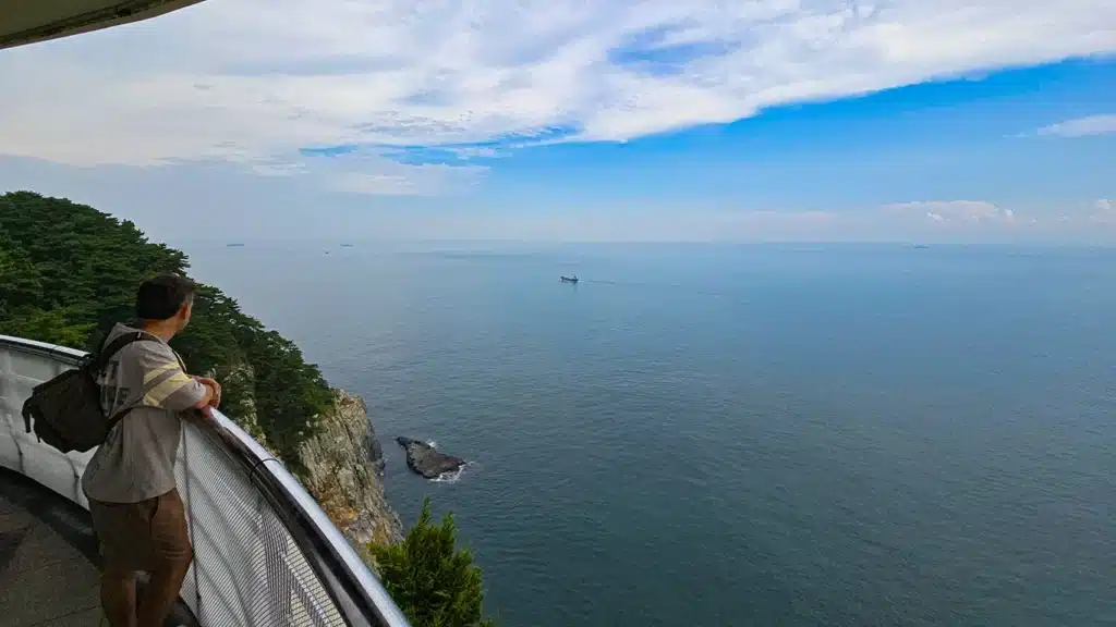 Una persona en el Taejongdae Observation Deck mirando hacia los acantilados en la isla de Yeongdo