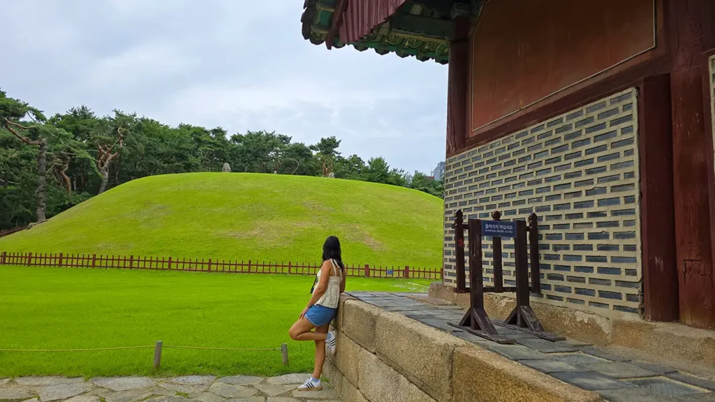 Noelia en un salón mirando hacía una de las tumbas reales de Seolleung de Seúl, tan curiosas que están dentro de una mini montaña llena de césped