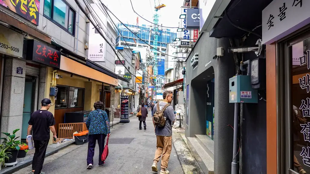 Joan paseando por una de las calles del barrio Inhyeon-dong llamado la zona de las imprentas de Seúl