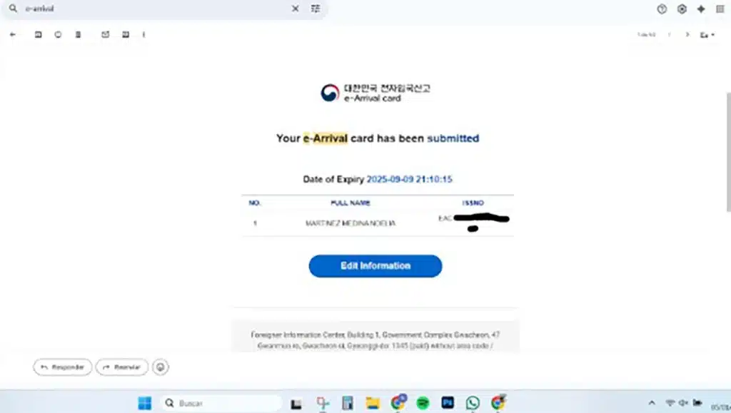 Correo electrónico con la confirmación del trámite realizado