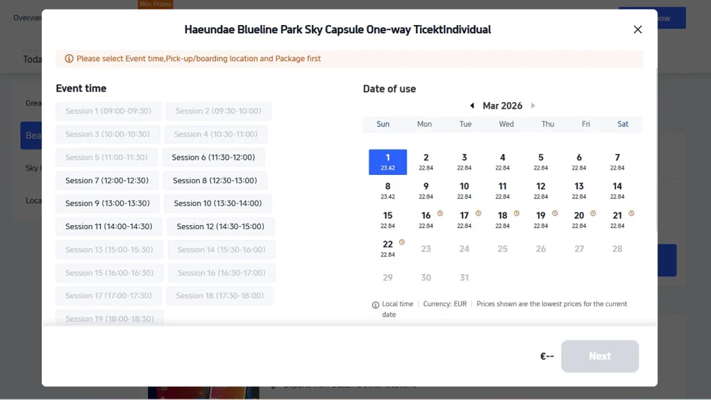 Calendario con precios y disponibilidad para reservar el Sky Capsule