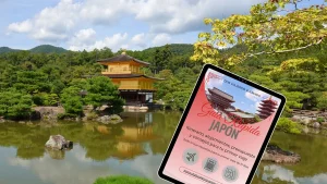 Palacio dorado de Kioto junto a una foto de la portada de la guía para descargar gratis de Japón