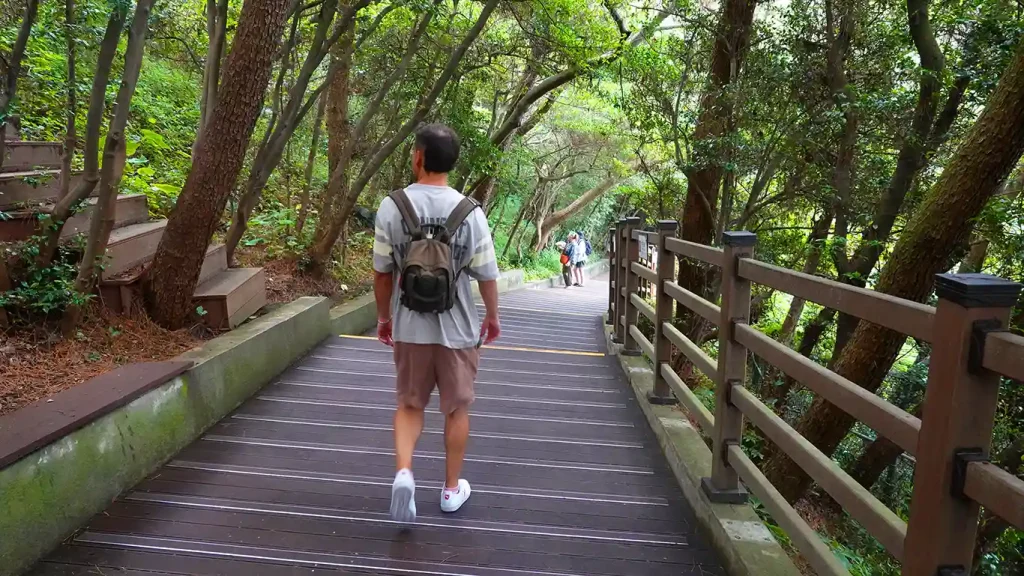 Joan recorriendo el camino rodeado de árboles del Parque Taejongdae