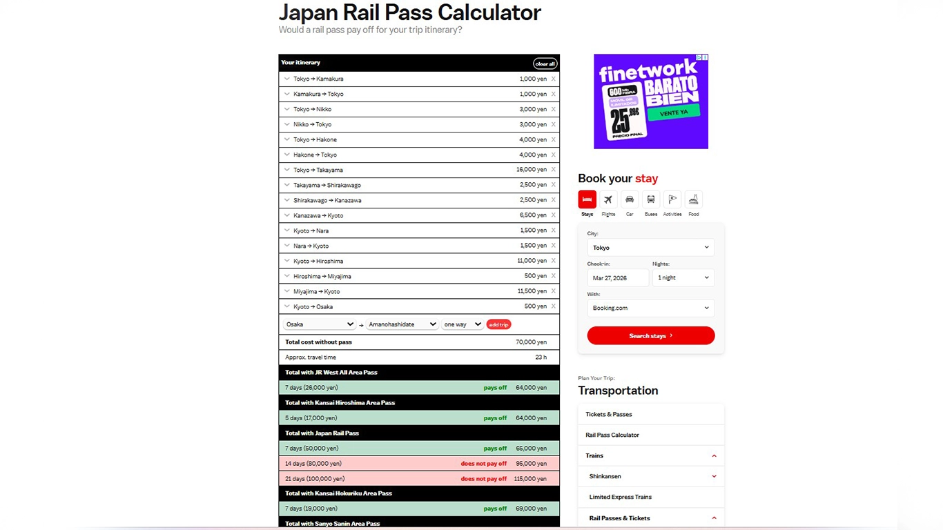 Calculadora oficial JR Pass