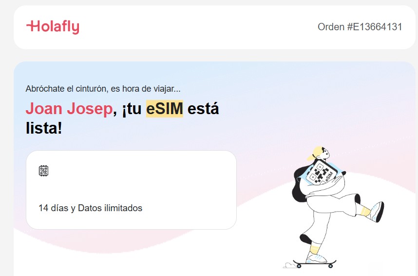 Comprobante de compra de eSIM Holafly Indonesia.