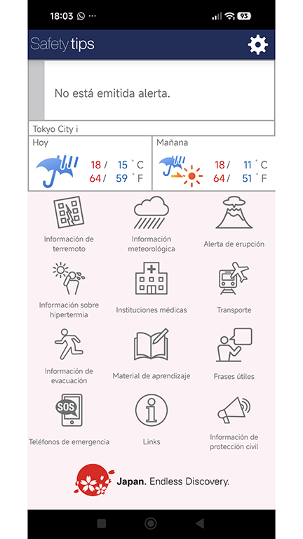 Captura de la app Safety Tip durante nuestro viaje por Japón