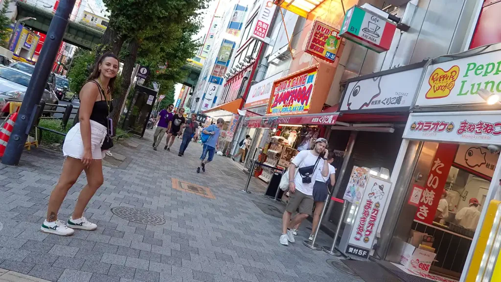 Noelia recorriendo la calzada peatonal de la avenida Chuo dori en Akihabara un domingo.