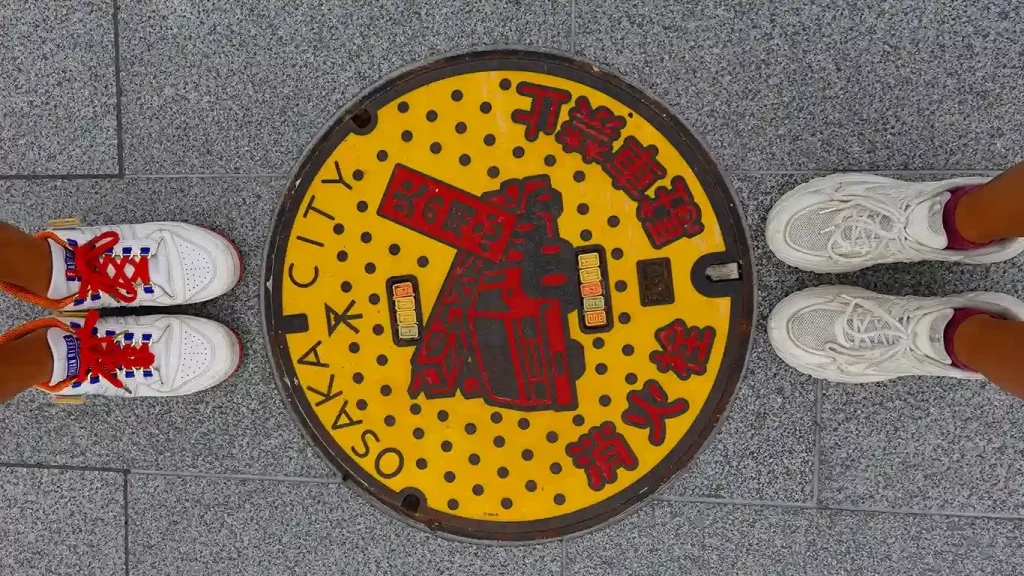 Detalle de la alcantarilla decorada con motivos de Osaka.