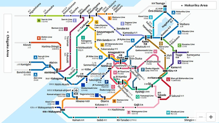 Mapa de las rutas ferroviarias operadas por JR West en el área metropolitana de Osaka.