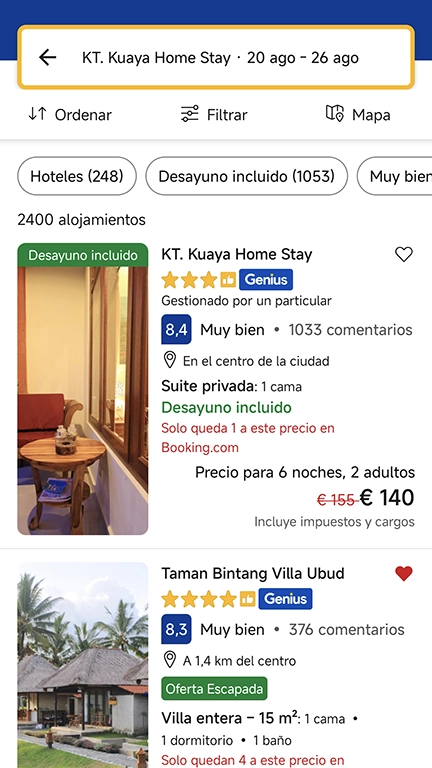 Captura de pantalla de reserva de hotel en Ubud.