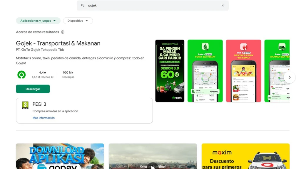 Logo y captura de pantalla de la aplicación Gojek en móvil.