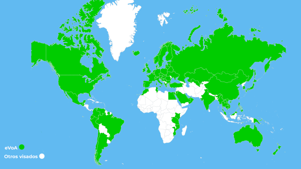 Mapa de países con derecho a e-VoA en Indonesia.