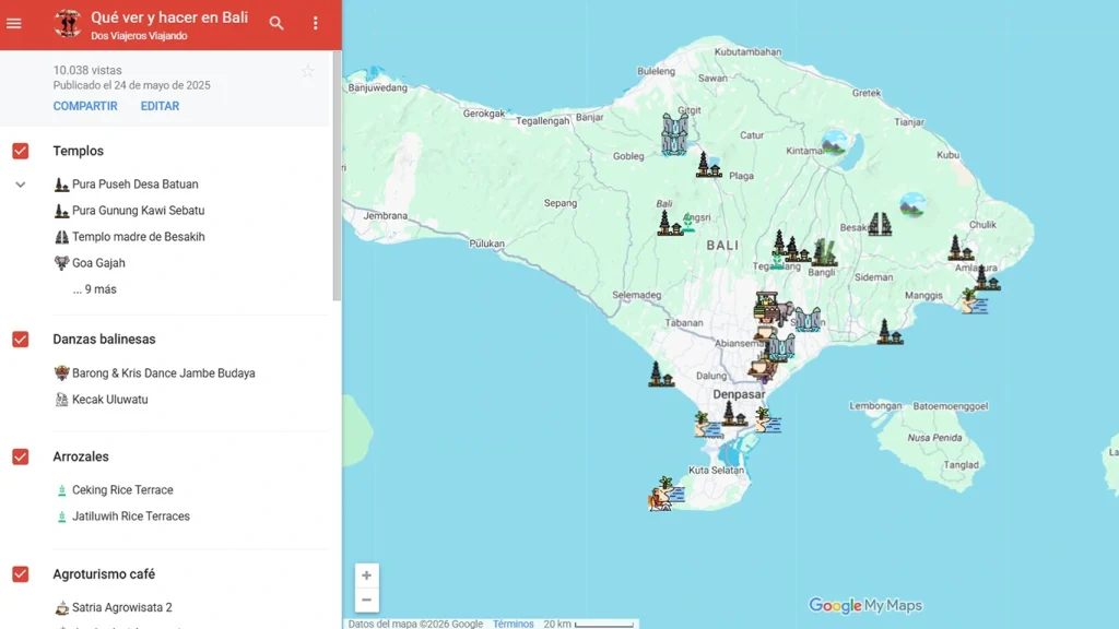 Mapa personalizado de Bali creado en Google My Maps.