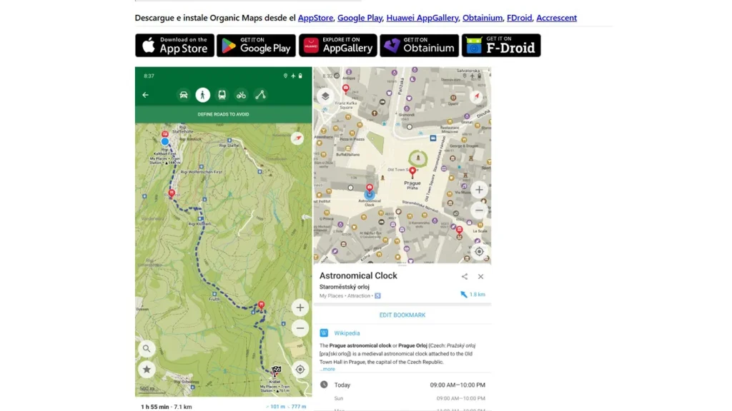 Captura de pantalla de la app Organic Maps con rutas offline.