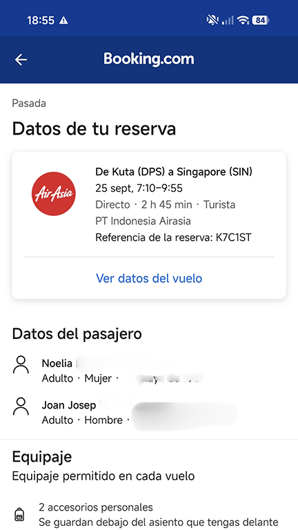 Ejemplo de confirmación de vuelo de salida de Indonesia.