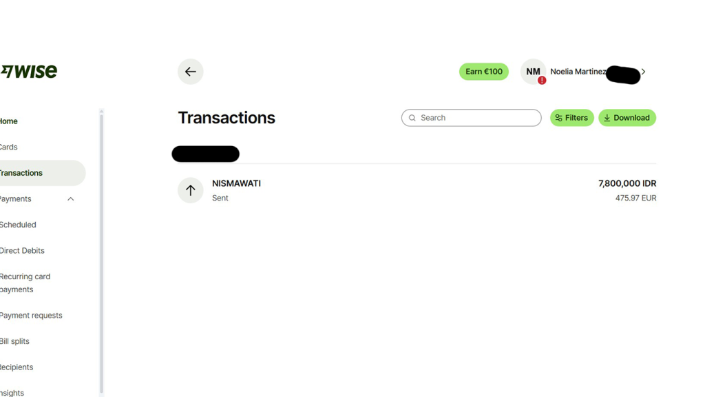 Comprobante de transferencia hecha a través de Wise para Borneo.
