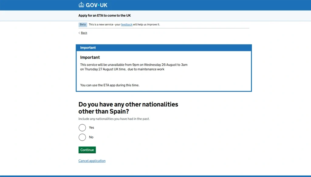 Preguntas sobre otras nacionalidades en la solicitud de la ETA.
