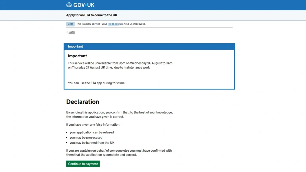 Declaración final antes de enviar la solicitud de la ETA.
