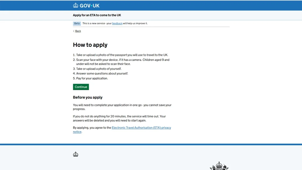 Página oficial de GOV.UK para iniciar la solicitud de la ETA.