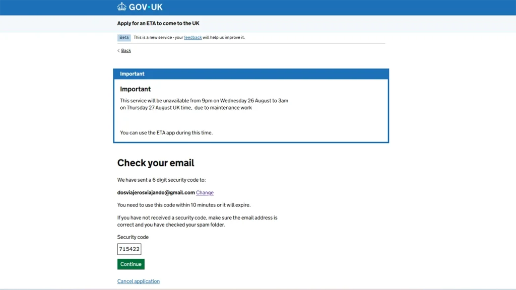 Pantalla para introducir el código de seguridad enviado por correo.
