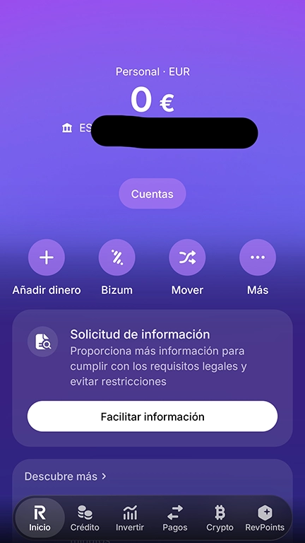 Interfaz de nuestra cuenta de Revolut desde la app.