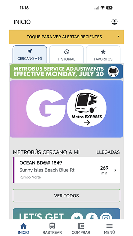 Pantalla principal de la app GO Miami-Dade Transit.