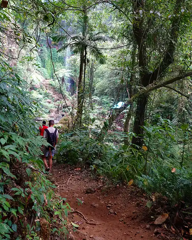 Joan caminando por un sendero de tierra y barro rumbo a Pucak Manik Waterfall.