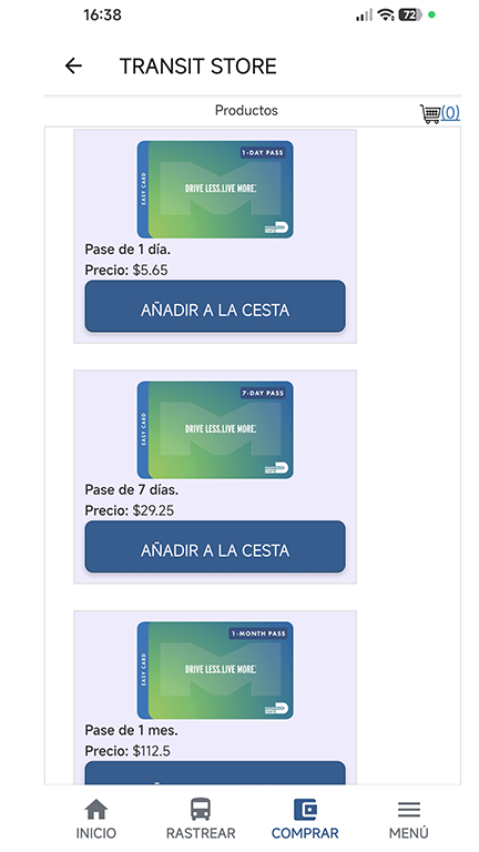 Pases de transporte disponibles en Transit Store desde el móvil.