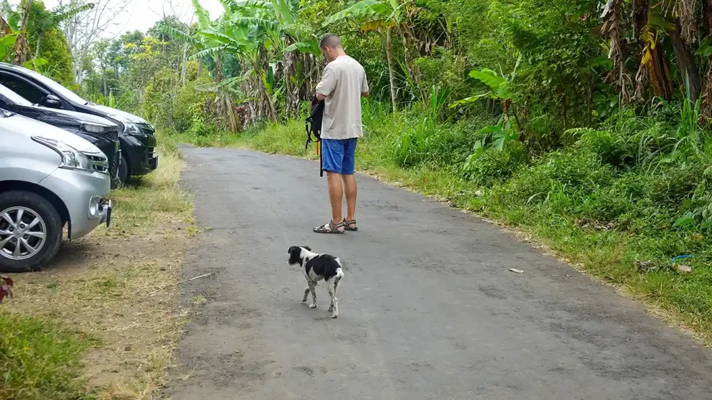 Joan saludando a un perro en la entrada de Pucak Manik Waterfall.