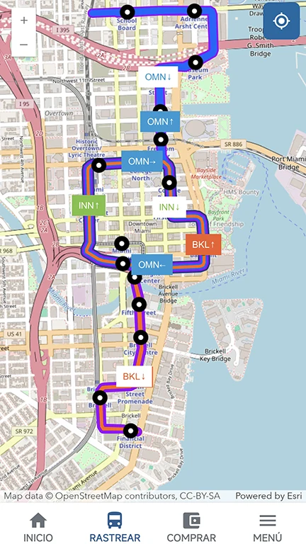 Mapa de rutas de transporte en la app GO Miami-Dade Transit.