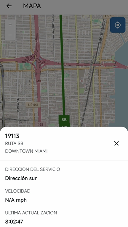 Seguimiento en tiempo real de un autobús en Miami.