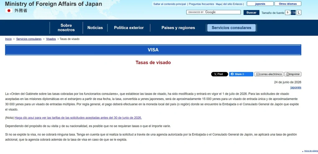 Web visa para visitar Japón.