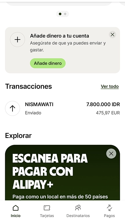 Interfaz de la app de Wise.